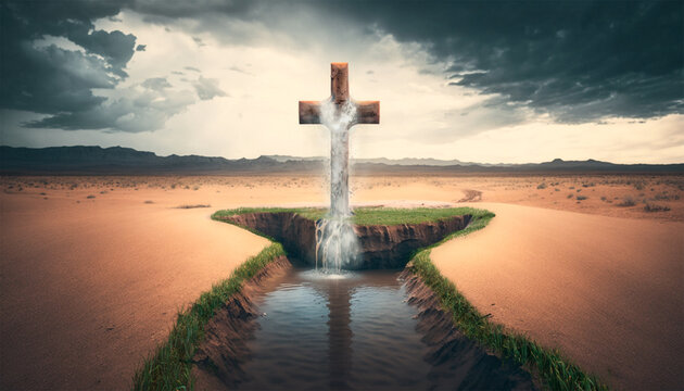 Wasser fliesst aus einem Kreuz aus Holz in einer W&uuml;ste, generative KI