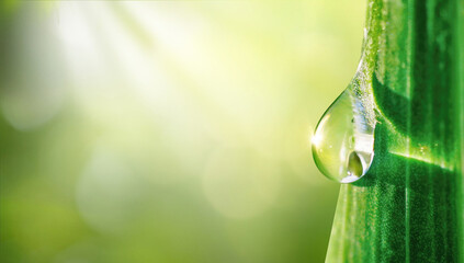 A beautiful large drop of morning dew in the grass sparkles in the rays of sunlight outdoors in...