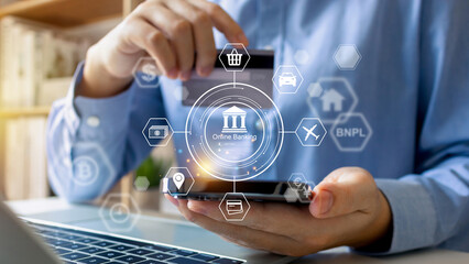 Internet online banking and login password.ecommerce online shopping, Businessman holding credit card buy now pay later (BNPL) payment makes a purchase, Cyber security, Logistic, Shipment marketing.