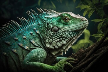Fototapeta premium Iguana, green, sitting on a branch, portrait, close up. Generative AI