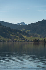 Fototapeta premium Fascinating view over the lake Aegerisee in Switzerland