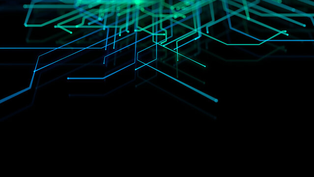 Futuristic Digital Lines form a High-Tech Grid. Blue and Green Connectivity Concept with copy-space.