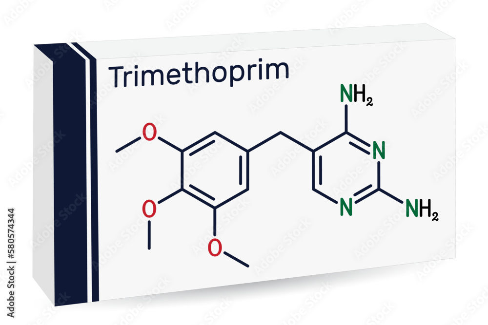 Canvas Prints Trimethoprim, TMP molecule. It is antifolate antibiotic  used to treat of infections of urinary, respiratory, gastrointestinal tracts. Skeletal chemical formula. Paper packaging for drugs