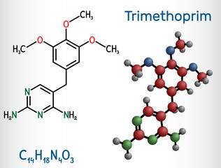 Trimethoprim, TMP molecule. It is antifolate antibiotic  used to treat of infections of urinary, respiratory, gastrointestinal tracts. Structural chemical formula, molecule model
