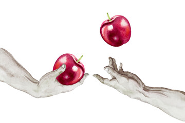 Hand holding red apple and threw the apple up in the air watercolor painting illustration.