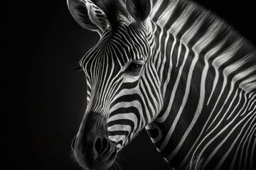 A close up black and white portrait of a zebra that draws attention to its pattern. Generative AI