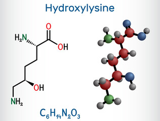 Hydroxylysine, Hyl molecule. It is amino acid, human metabolite. Structural chemical formula and molecule model.