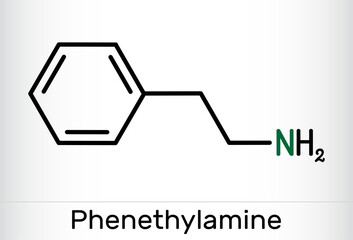 Fototapeta premium Phenethylamine, PEA molecule. It is monoamine alkaloid, central nervous system stimulant in humans. Skeletal chemical formula