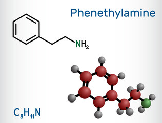 Phenethylamine, PEA molecule. It is monoamine alkaloid, central nervous system stimulant in humans. Structural chemical formula and molecule model.
