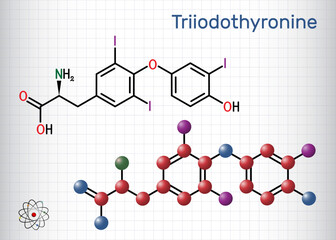 Triiodothyronine, T3, liothyronine molecule. It is thyroid hormone, pituitary gland hormone, used to treat hypothyroidism. Structural chemical formula, molecule model. Sheet of paper in a cage