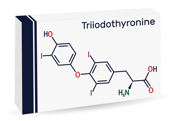 Obraz premium Triiodothyronine, T3, liothyronine molecule. It is thyroid hormone, pituitary gland hormone, used to treat hypothyroidism. Skeletal chemical formula. Paper packaging for drugs.