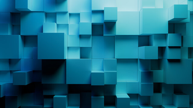 Modern Tech Background with Perfectly Constructed Multisized Blocks. Blue and Turquoise, 3D Render.