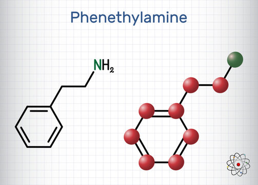 Phenethylamine, PEA molecule. It is monoamine alkaloid, central nervous system stimulant in humans. Structural chemical formula, molecule model. Sheet of paper in a cage