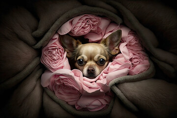 Obraz premium This beautiful Illustration captures the sweet and endearing personality of a cute Chihuahua snuggled up inside a bundle of pink blankets, arranged like a bed of roses.