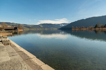 Water promenade at the lake Aegerisee in Switzerland