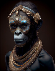 Male chimpanzee in evening dress and expensive jewelry. Hanuman the monkey king. Studio Portrait. Generative AI Digital Illustration
