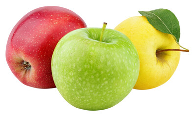 Yellow, green and red apples isolated on transparent background