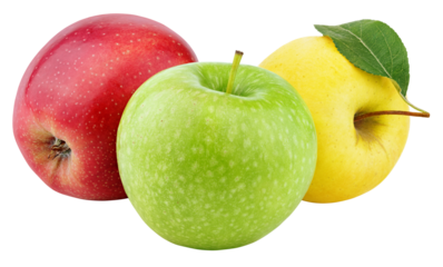 Yellow, green and red apples isolated on transparent background