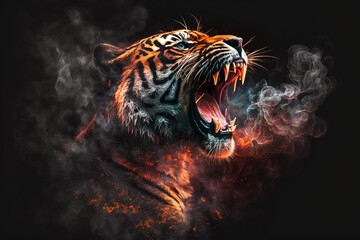 Tiger roar red fire and smoke background. Generative AI