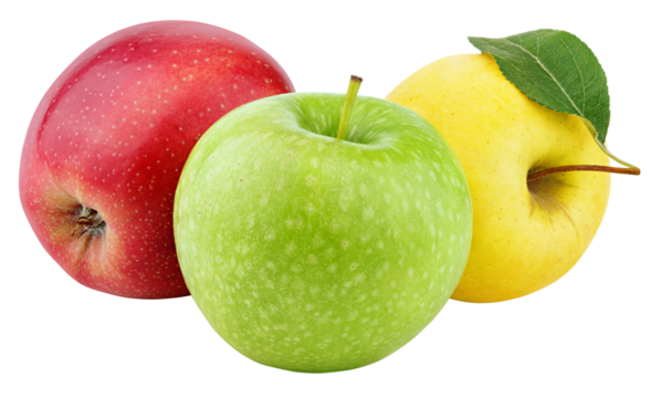 Yellow, green and red apples isolated on transparent background