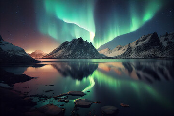 A stunning natural scene of the northern lights or aurora borealis over a Scandinavian fjord or mountain range. Generative AI technology.