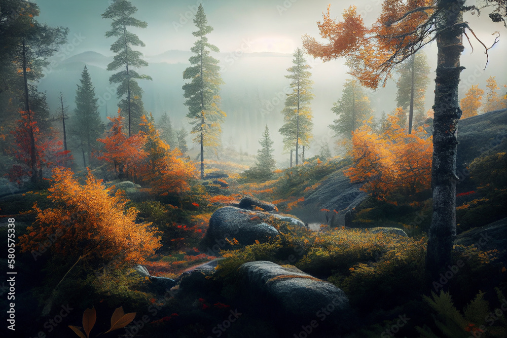 Poster A beautiful landscape shot of a Scandinavian forest in autumn, with colorful leaves and misty fog adding to the serene atmosphere. Generative AI technology.