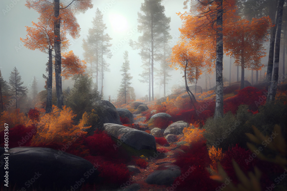 Poster A beautiful landscape shot of a Scandinavian forest in autumn, with colorful leaves and misty fog adding to the serene atmosphere. Generative AI technology.