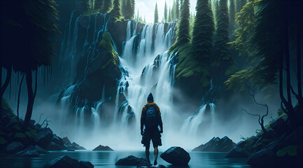 Hiker in front of the Waterfall, National Walking Day Concept