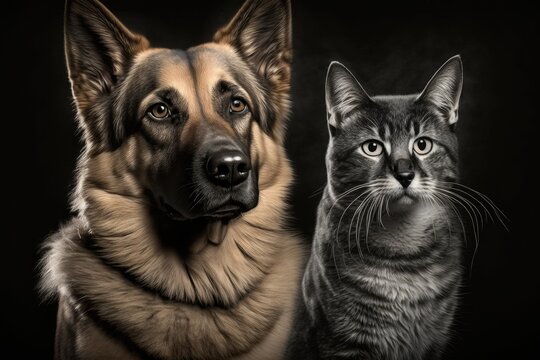 A portrait of a Belgian Shepherd dog and a tabby cat both looking at the camera. Generative AI