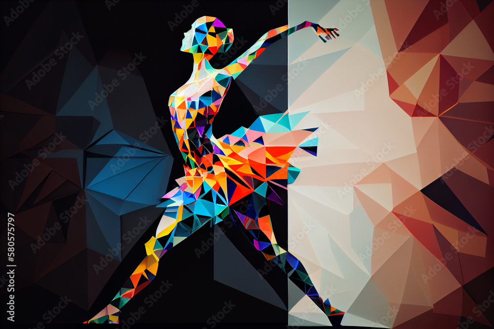 Aufkleber A digital art piece depicting a ballerina in a colorful, abstract environment, with her body contorted in a mesmerizing pose. Generative AI technology.