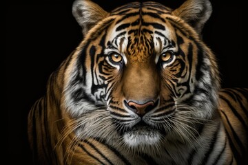 Fototapeta na wymiar Close up of a tiger, big cat on black background, looking at the camera. Generative AI