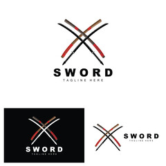 Sword Logo, Samurai Katana Monochrome Design, Vector War Weapon Cutting Tool Template Icon