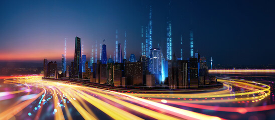 3D Abstract speed light flow through the city with gradient and aesthetic Intricate lighting design