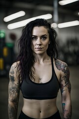 Naklejka na ściany i meble Black-haired Fit Woman Black Top at the Gym Portrait. Generative AI