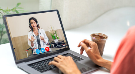 Woman talk speak using laptop computer and video conference online with doctor and stethoscope service help support team discussing and consulting talk video chat call checkup information at home