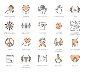 Charity flat line icons set. Donation, nonprofit organization, NGO, giving help vector illustrations. Outline signs for donating money, volunteer community. Orange color. Editable Stroke