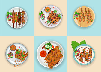 Big Set Of Asian Food Satay Illustrations Collection, Colorful Satay Vector Design, Premium Hi-Quality Creative Food Satay Illustrations Collection.
