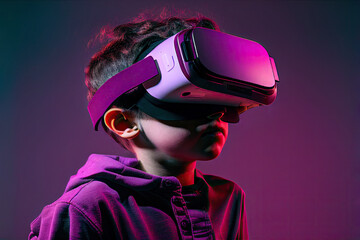 Generative AI illustration of little gamer in VR goggles experiencing virtual reality in cyberspace on dark background in studio