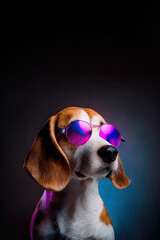 Generative AI illustration of cool beagle brown and white dog with big ears wearing purple sunglasses standing against dark background - obrazy, fototapety, plakaty