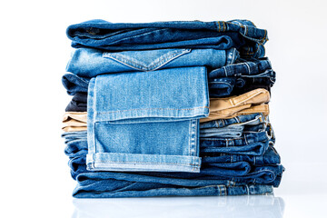 Close up stacked of blue jeans, show of leg on white  background.