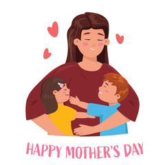 Greeting card, banner for happy Mother's Day with a mother and her children.