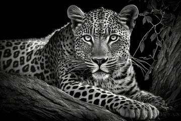 An African Leopard (Panthera pardus) lying on a tree in a black and white photo with an artistic touch and a dark background. African top predator looks you in the eyes. Okonjima, Namibia. Generative