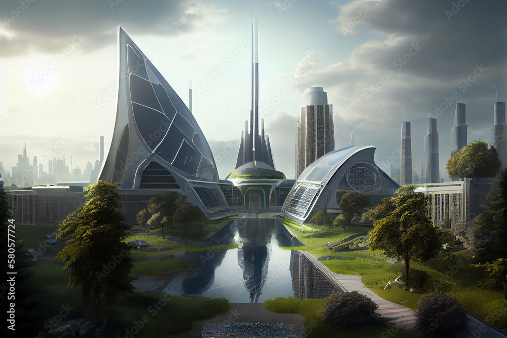 Aufkleber sky-high buildings: one possible image could be a view of a futuristic city with tall, sleek, and mo