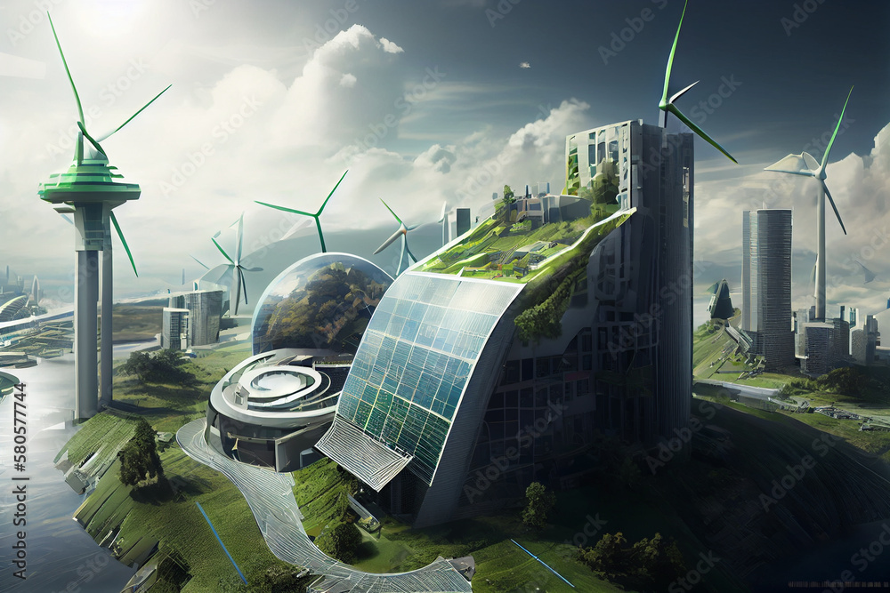 Aufkleber sky-high buildings: one possible image could be a view of a futuristic city with tall, sleek, and mo