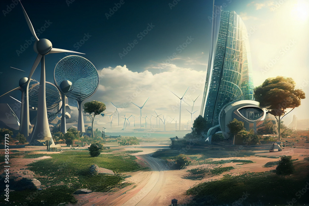 Aufkleber sky-high buildings: one possible image could be a view of a futuristic city with tall, sleek, and mo