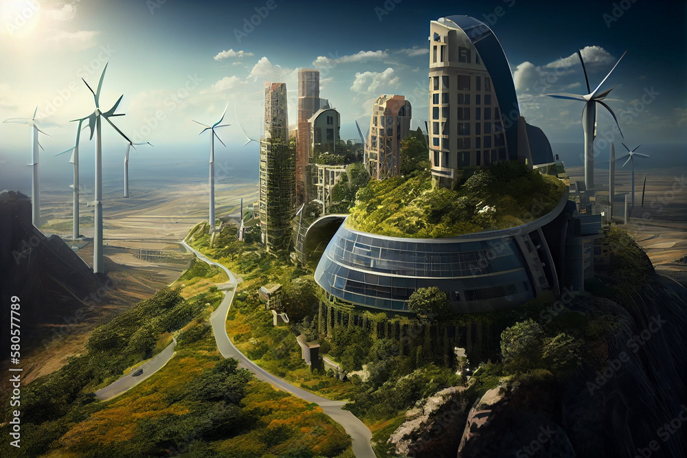 Aufkleber sky-high buildings: one possible image could be a view of a futuristic city with tall, sleek, and mo
