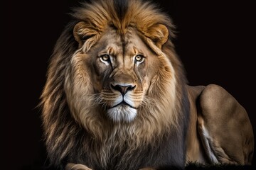 Fototapeta premium Panthera leo, a picture of an adult male lion looking at the camera, on black. Generative AI