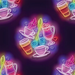 Seamless pattern with glow Cups with Different Coffee. Cafe Label. Cappuccino, Espresso, Americano, Drink To Go. Neon Light Texture, Signboard. Glossy Background. Vector 3d Illustration