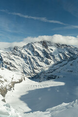 Fantastic snow covered mountain panorama at the Eigergletscher in Switzerland
