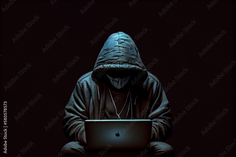 Poster A person in a hoodie typing on a laptop while sitting in a darkened room, which is a stereotype of a hacker but may also convey a sense of clandestine activity and technical expertise.
